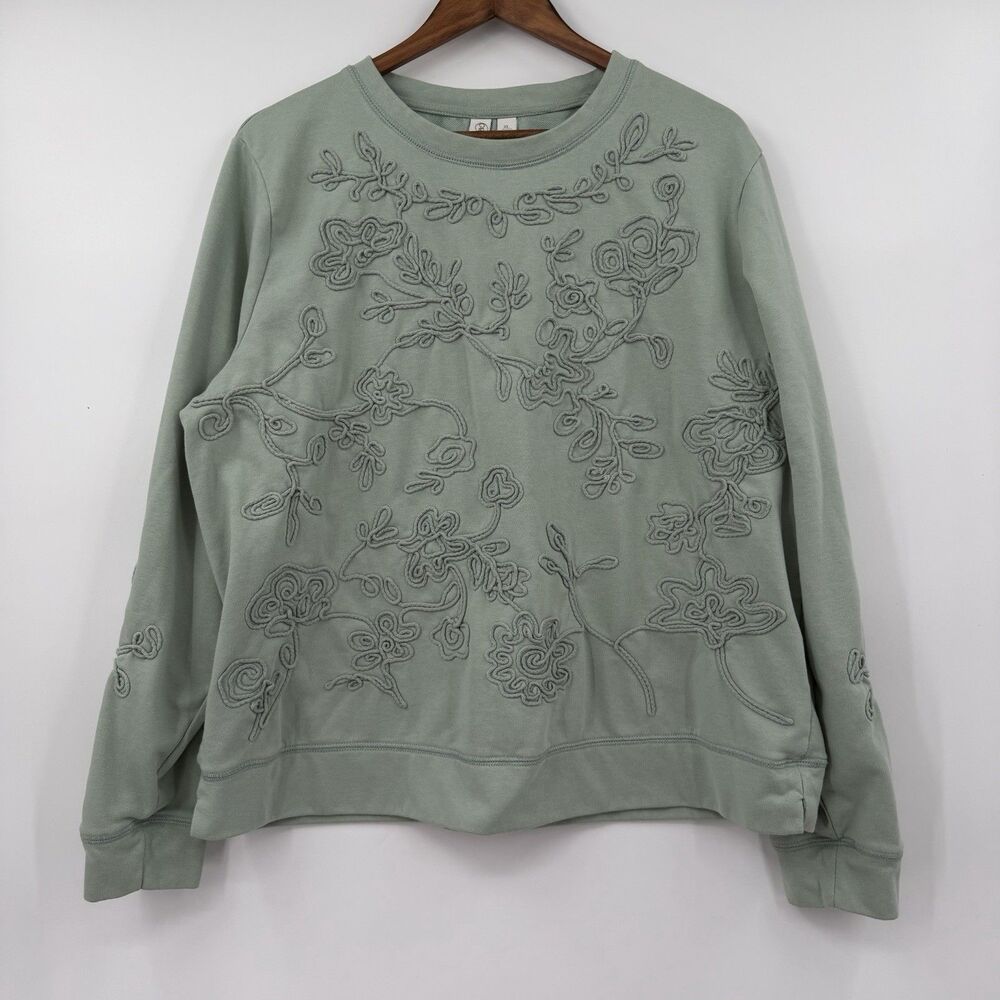 Cato XL Sage Floral Soutache Embroidered Sweatshirt Boho Cottagecore